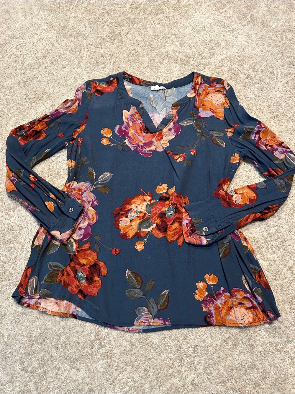 ODDY Teal Blue Floral V-Neck Long Sleeve Blouse
